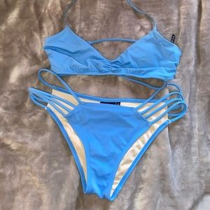 Blue strappy high cut bikini